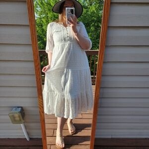 FairHope White Lace Trim Quarter Length Sleeve Eyelet Midi Dress
